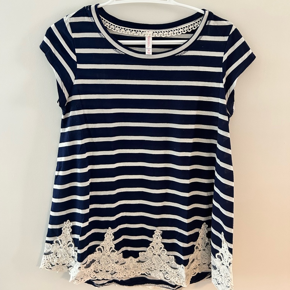 Navy Striped T-Shirt with Lace Detail